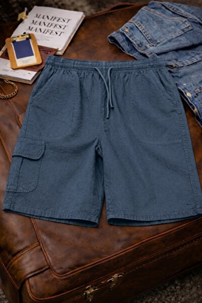 DAMGA JEANS شورت رجالي أنيق من الكتان الأزرق مع جيوب كارجو واسعة