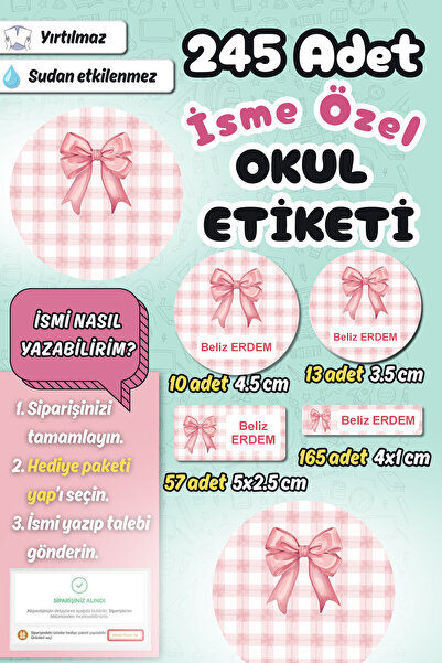 Sticker Ekspres Okul Etiketi Kurdeleli Ekose Kalem Defter Etiketi Özel İsim Y...