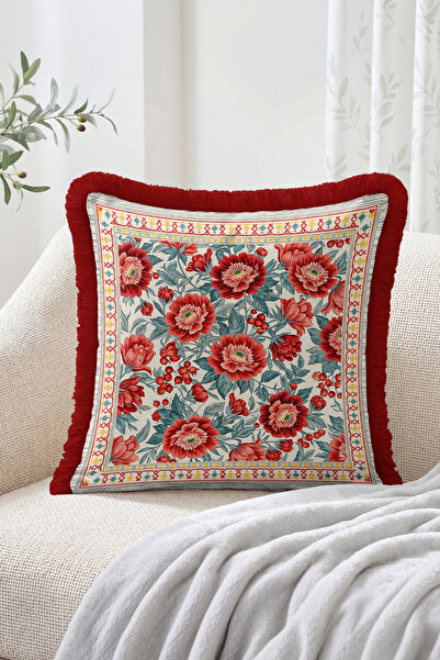Realhomes Red Floral and Leaf Pattern Tufted Throw Pillow Cover with Border a...