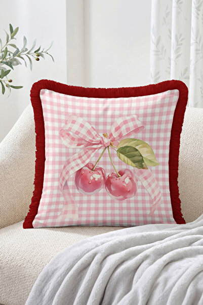Realhomes Bowknot Cherry Figured Gingham Patterned Fringed Throw Pillow Cover...