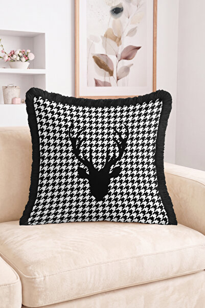 Realhomes Black and White Fringed Throw Pillow Cover with Deer Silhouette and...