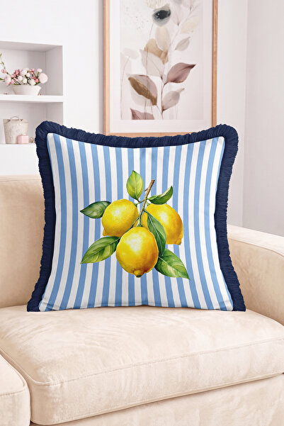 Realhomes Lemon and Leaf Figured Striped Mediterranean Style Fringed Throw Pi...