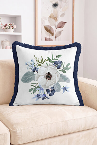 Realhomes White Floral and Blueberry Leaf Pattern Fringed Throw Pillow Cover ...