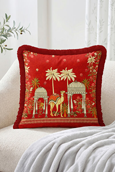 Realhomes Red Fringed Throw Pillow Cover with Camel, Palace, and Palm Tree Pa...