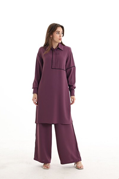QANU Elastic Waist Crepe Trousers Purple Loose Fit