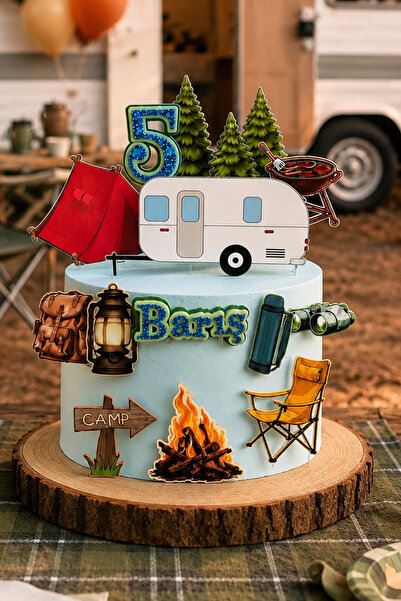 caketopper Kamp Çadır Karavan Temalı Yetişkin Doğum Günü İsme Özel 3D Pasta S...