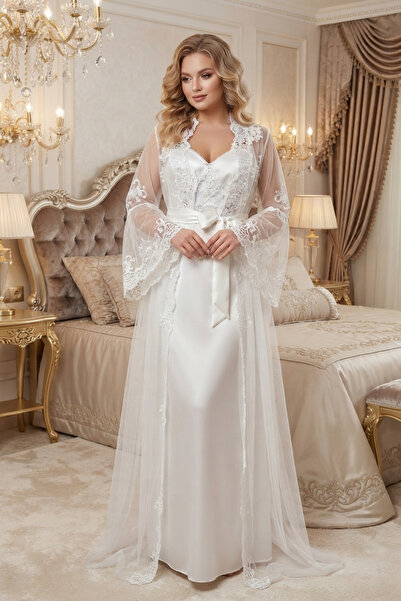 big mama Luxury Bridal Set - Silk Satin Lace Robe and Nightgown Set