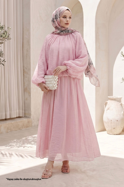 InStyle Balloon Sleeve Skirted Pink Linen Set