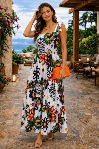 bysocafashion فستان ماكسي طويل للنساء بتصميم مزخرف وحزام كتف وياقة مربعة وطبق...
