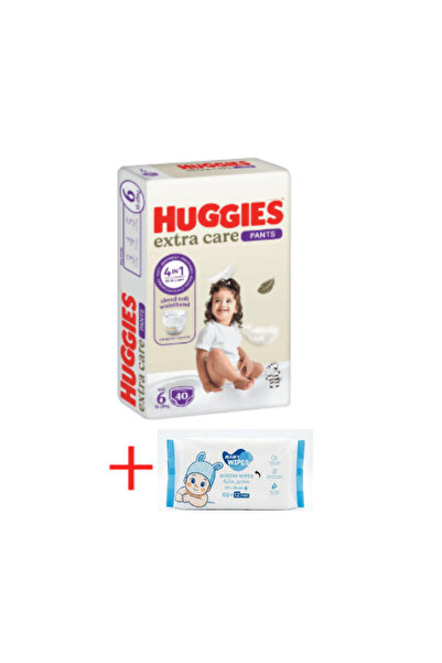 Huggies حفاضات بانت مقاس 6 عبوة جامبو 40 + مناديل مامي بيور ووتر