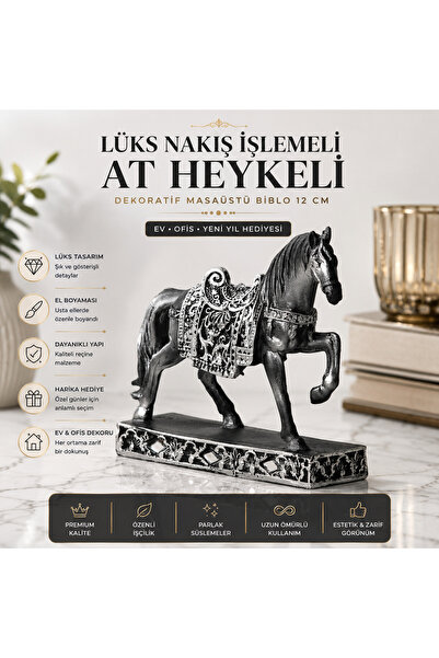 e-life shop Lüks Nakış İşlemeli At Heykeli Dekoratif Biblo Ev Ofis Konsol Vit...
