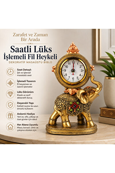 e-life shop Saatli Lüks İşlemeli Fil Heykeli Dekoratif Biblo Ev Ofis Konsol Y...