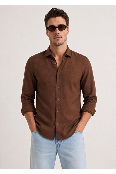 Bürke Sofia Linen Textured Long Sleeve Brown Half Oversize Men's Shirt