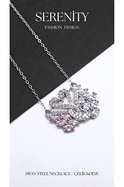 Serenity Pink Zircon Stone Hugging Swan Steel Necklace