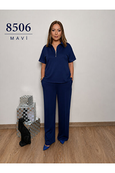 ZZ 8506-Kadın Lacivert Polo Yaka Büyük Beden Modal Kumaş Çıma Detaylı Eşofman...