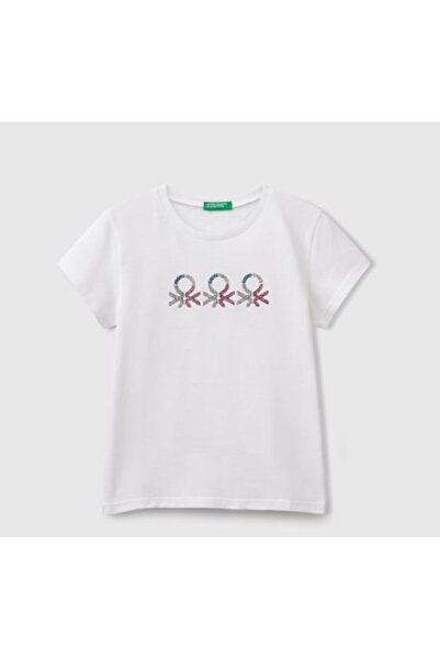 United Colors of Benetton Benetton girl's glitter logo print t-shirt 6-14 yea...