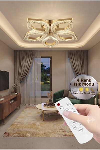 Lüxev Lighting Flora Model Gold 5"li Ledli 3 Renk Modu Kristal Salon Mutfak Y...