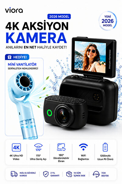 TARÇIN Viora 4K Aksiyon Kamerası Mini 180° Döner Ekran WiFi App Geniş Açı Taş...