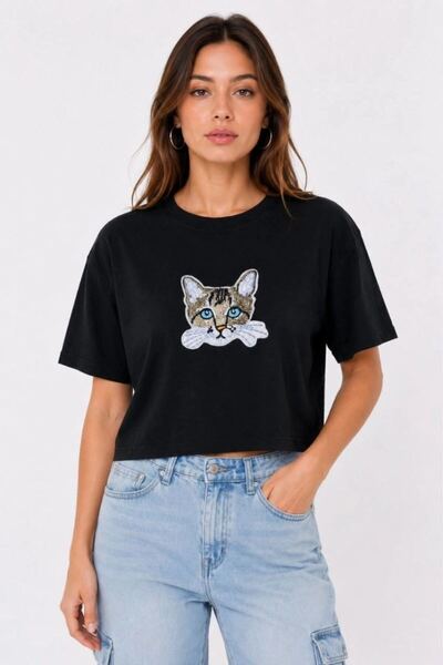 Generic Brand Γυναικείο μπλουζάκι με στάμπα γάτας, oversized crop, φαρδύ βασι...