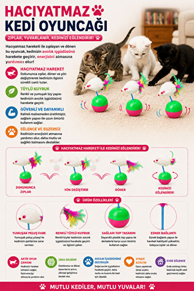 rianka Interactive Cat Mouse Hacıyatmaz Toy Helping to Throw Energy in the Sh...