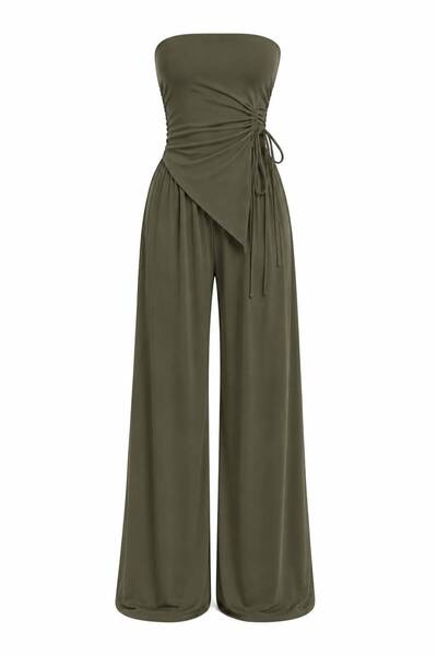 POP STORY Women's Strapless Tie-Up Asymmetrical Cut Blouse and Wide Leg Pants