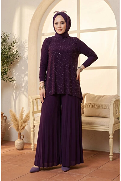 sefamerve Sandy Fabric Blouse Pants Hijab Double Set 5632-03 Plum