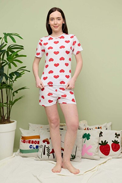 Fulla Moda Heart Printed Crew Neck Shorts Pajama Set
