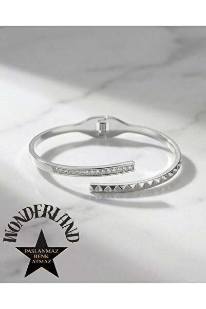 stainless steell Stone Detailed Steel Bracelet Handcuffs Medium Size (65 mm)
