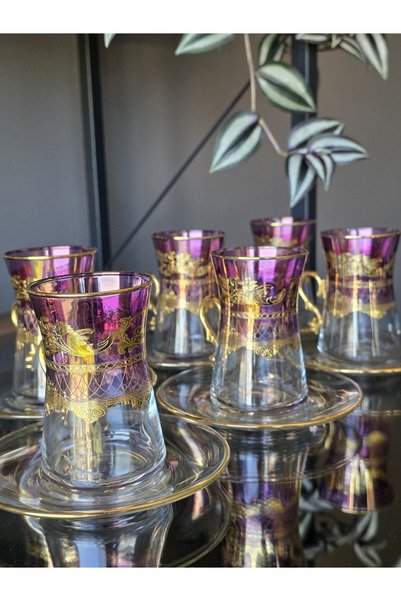 FERMATO Handmade Crystal Lopez Purple Luster 24K Gold Embellished 12-Piece Presentation Tea Set with Handles