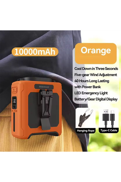 choice2 Orange 10000mAh Waist Fan with Power Bank 5 Speeds Portable Fan Hands...