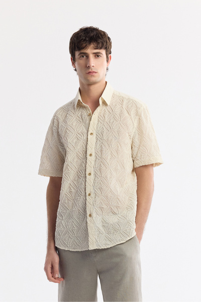 Avva Men's Beige Classic Collar Embroidered Cotton Short Sleeve Comfort Fit S...