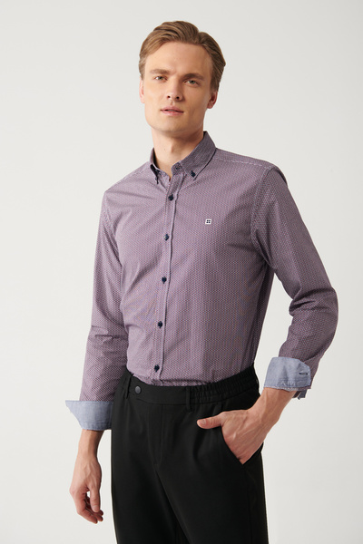 Avva Men's Burgundy 100% Cotton Buttoned Collar 100% Cotton Patterned Shirt A...