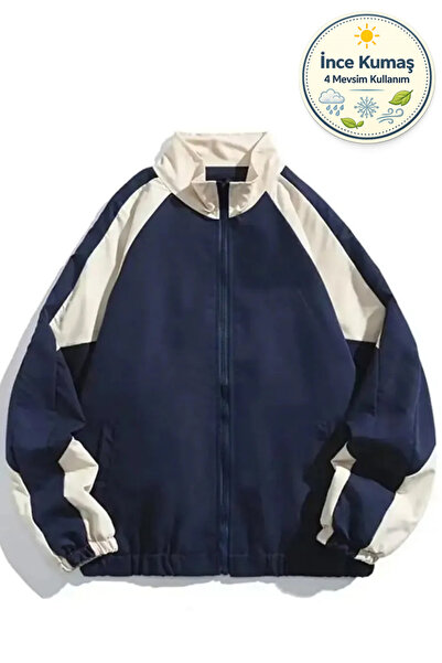 Lushen Y2k Retro Mavi Krem Baggy Paraşüt Unisex Ceket Yağmurluk