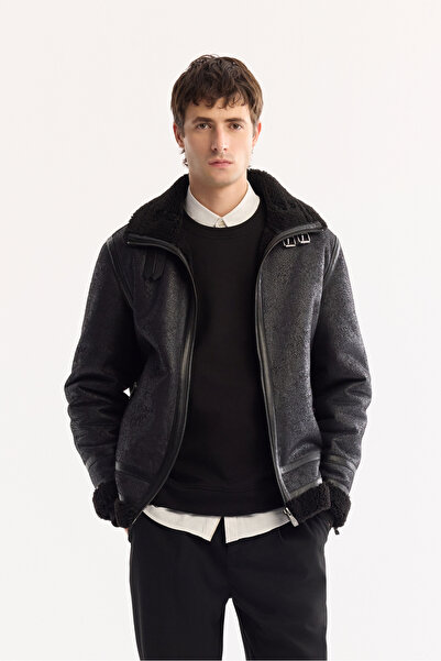 Avva Men's Black Fur Collar Leather Look Napa Comfort Fit Coat A52Y6060