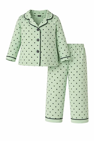Bubito Puantiye Desenli Kız Bebek Çocuk Alt Üst 2'li Pijama Takım-Yeşil