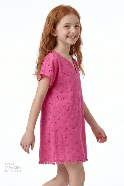 Penti Girl's Pink Embroidered Floral Pompom Kaftan