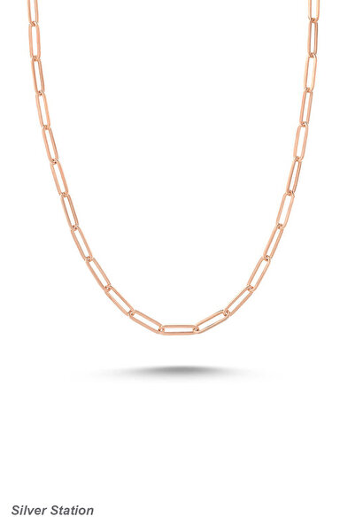 Silver Station Rose Renk 925 Ayar Gümüş Kolye - Ataç Zincir Kolye 55Cm