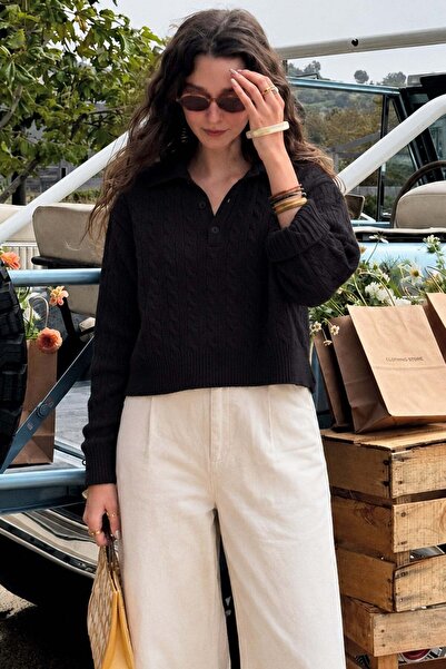 Madmext Black Hair Braided Polo Collar Women's Sweater Mg2310