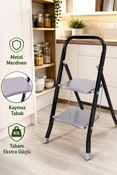 Perilla Class 2 Basamaklı Kaymaz Tabanlı Katlanır Metal Merdiven - Ekstra Güç...