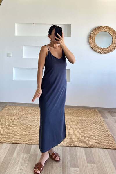 butikhola Navy Blue Oysho Fabric Modal Dress with Adjustable Straps