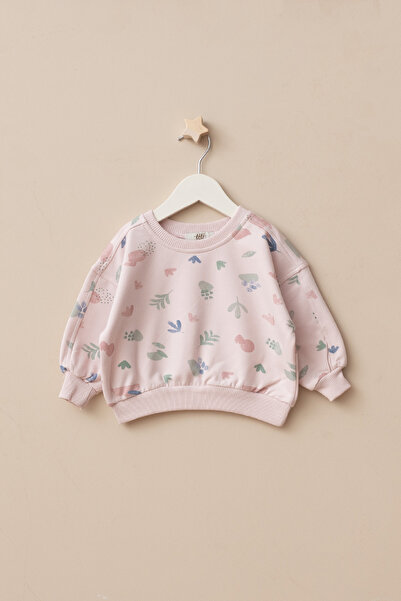 LOGO AKSESUAR Girl's Cotton Pink Leaf Patterned Oversized 2 Thread Sweatshirt