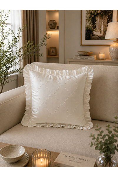 Decamor home Satin Fabric Ecru Patterned Ruffled Throw Pillow Cover 1 Piece
