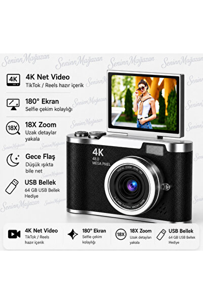 TUX Siyah Renk 4K Dijital Fotoğraf Makinesi 48MP Flip Ekran 18X Zoom Flaşlı 6...