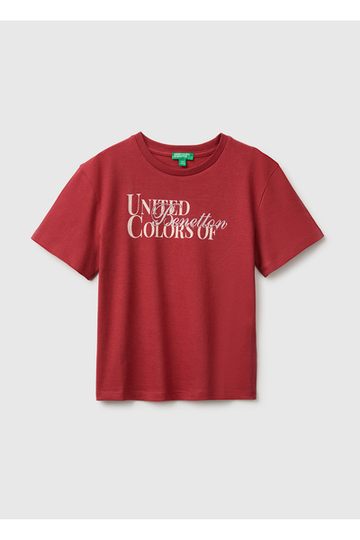 United Colors of Benetton تي شيرت بناتي أحمر اللون مصنوع من القطن العضوي بنسب...