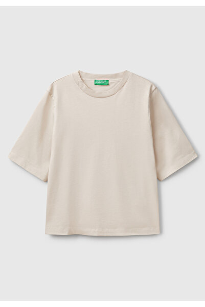 United Colors of Benetton Women's Stone 100% Cotton Boxy Fit T-Shirt