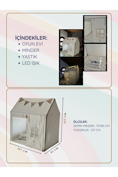 YHH Kids CasaMio Işıklı Oyun Evi Çocuk Oyun Çadırı Minder ve Yastıklı Bej