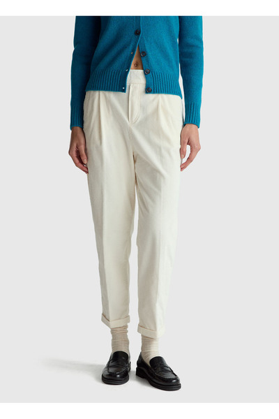 United Colors of Benetton Women's Cream Elastic Waist Velvet Trousers