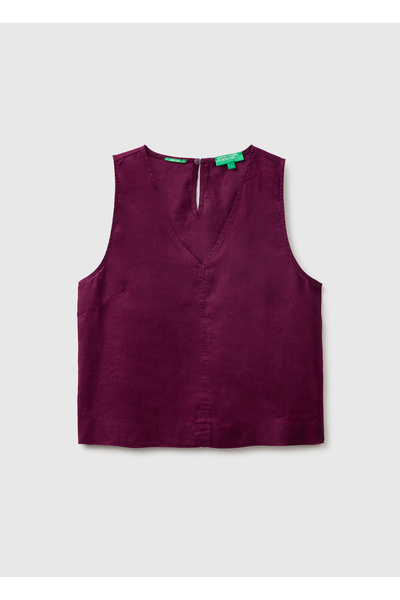 United Colors of Benetton Γυναικεία Μπλούζα Σκούρο Μωβ 100% Λινό με λαιμόκοψη V