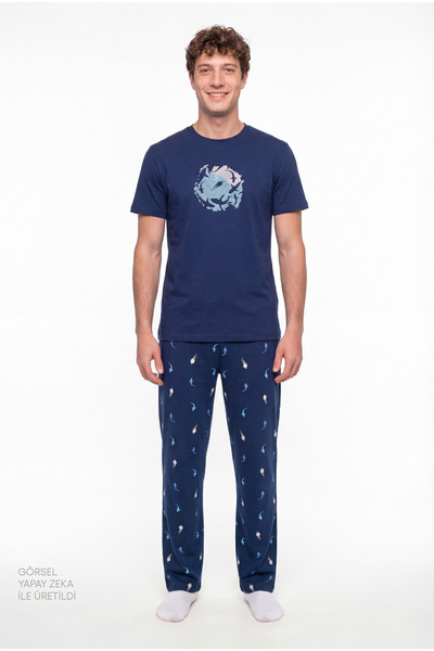 Penti Men's Sailing Night Sea Patterned Short Sleeve Pajamas Set