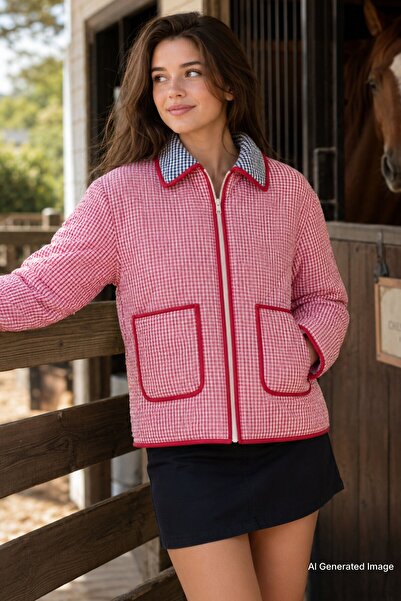 Madmext Piros Gingham női kabát zsebekkel Mg2488